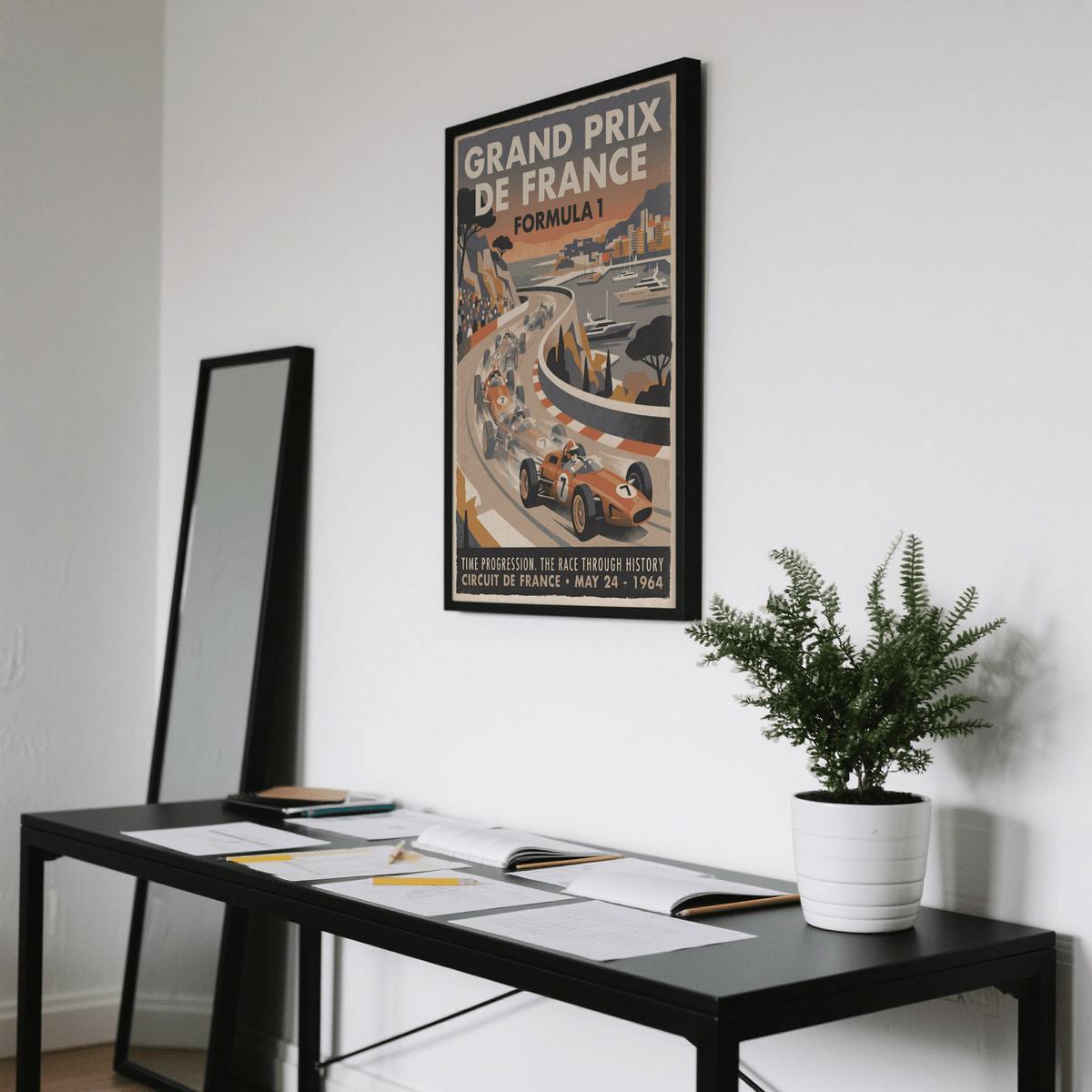 Graphic racing print with red-and-white curb detail and crowd-filled stands