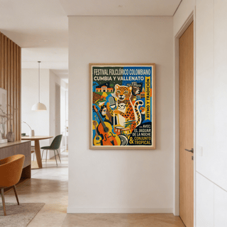 Layered illustration poster print with guitar, upright bass, and drum kit in festival layout