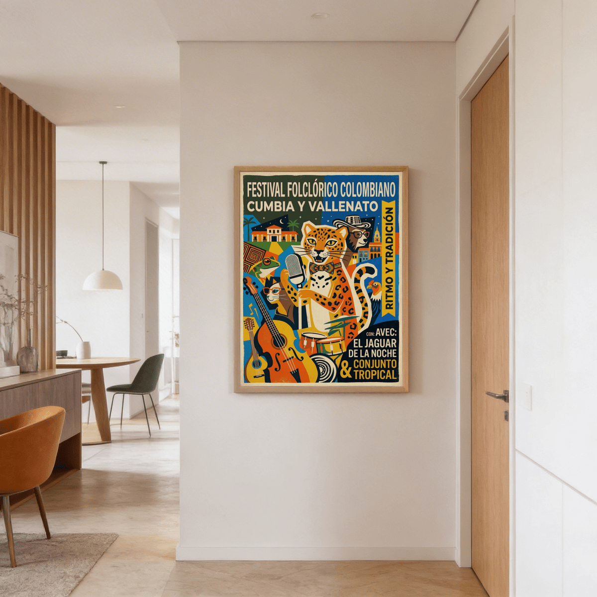Layered illustration poster print with guitar, upright bass, and drum kit in festival layout
