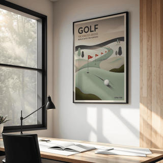 Minimalist golf print with curving fairway leading to horizon and bold GOLF text