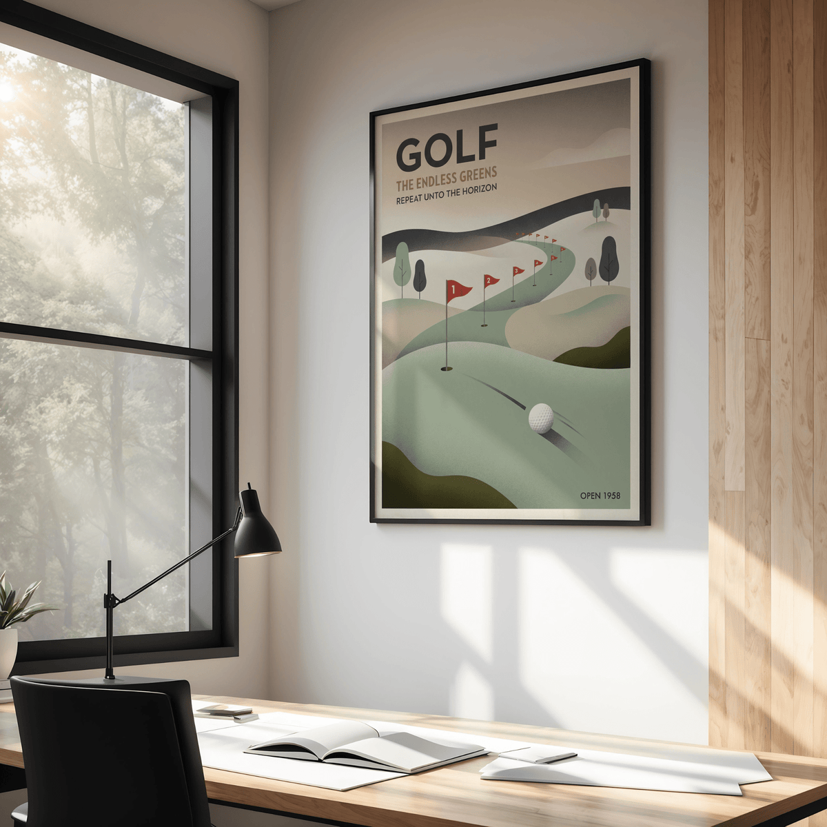 Minimalist golf print with curving fairway leading to horizon and bold GOLF text