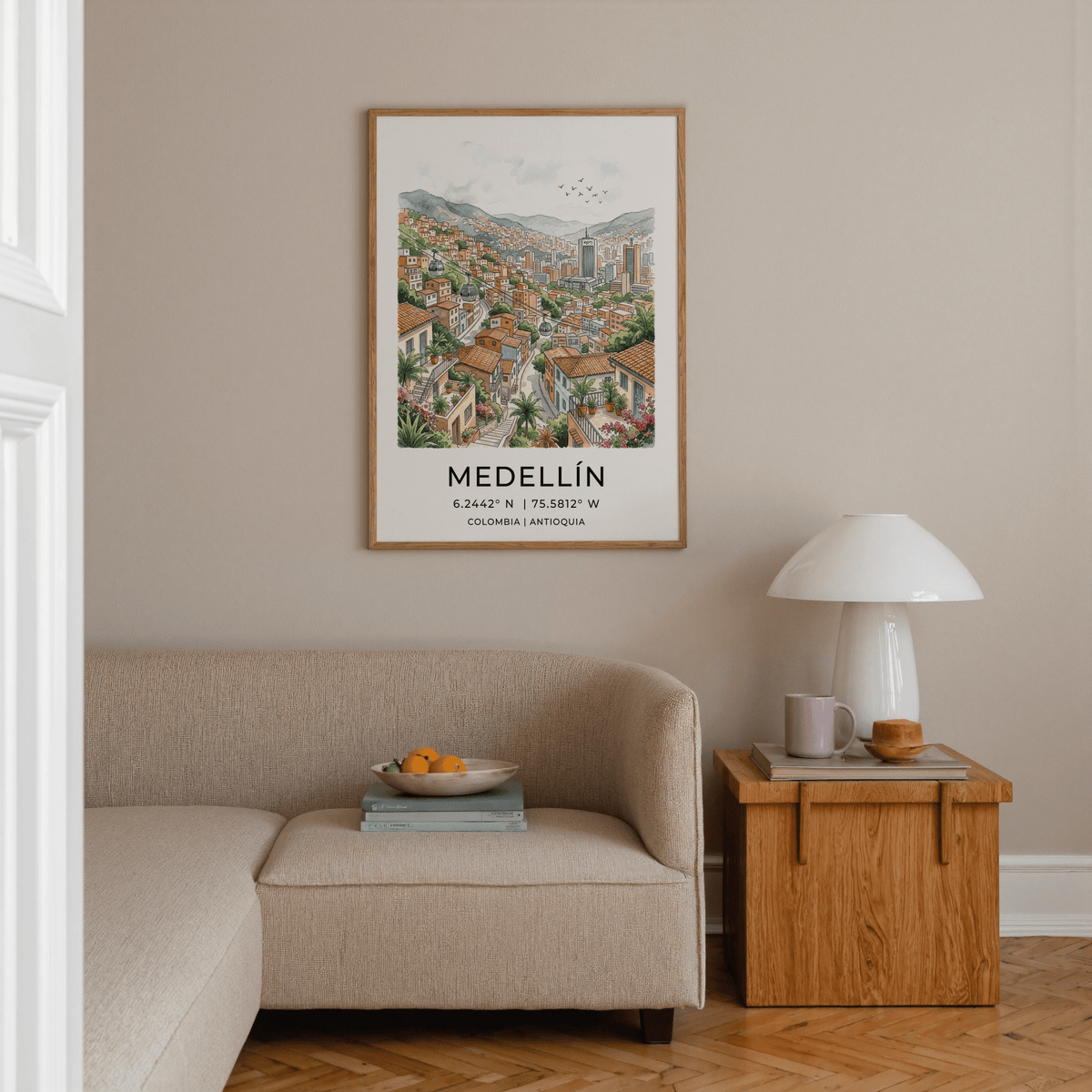 Watercolor cityscape of Medellín with gondola line and clustered buildings