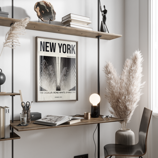 Minimal architecture poster featuring the Oculus structure with mirrored lines