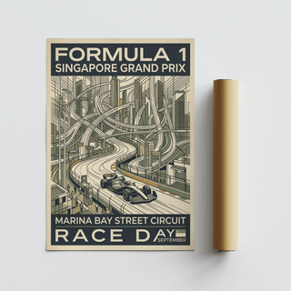 Framed-mockup style image of a motorsport poster print featuring a Formula 1 car, urban overpasses, and event text layout