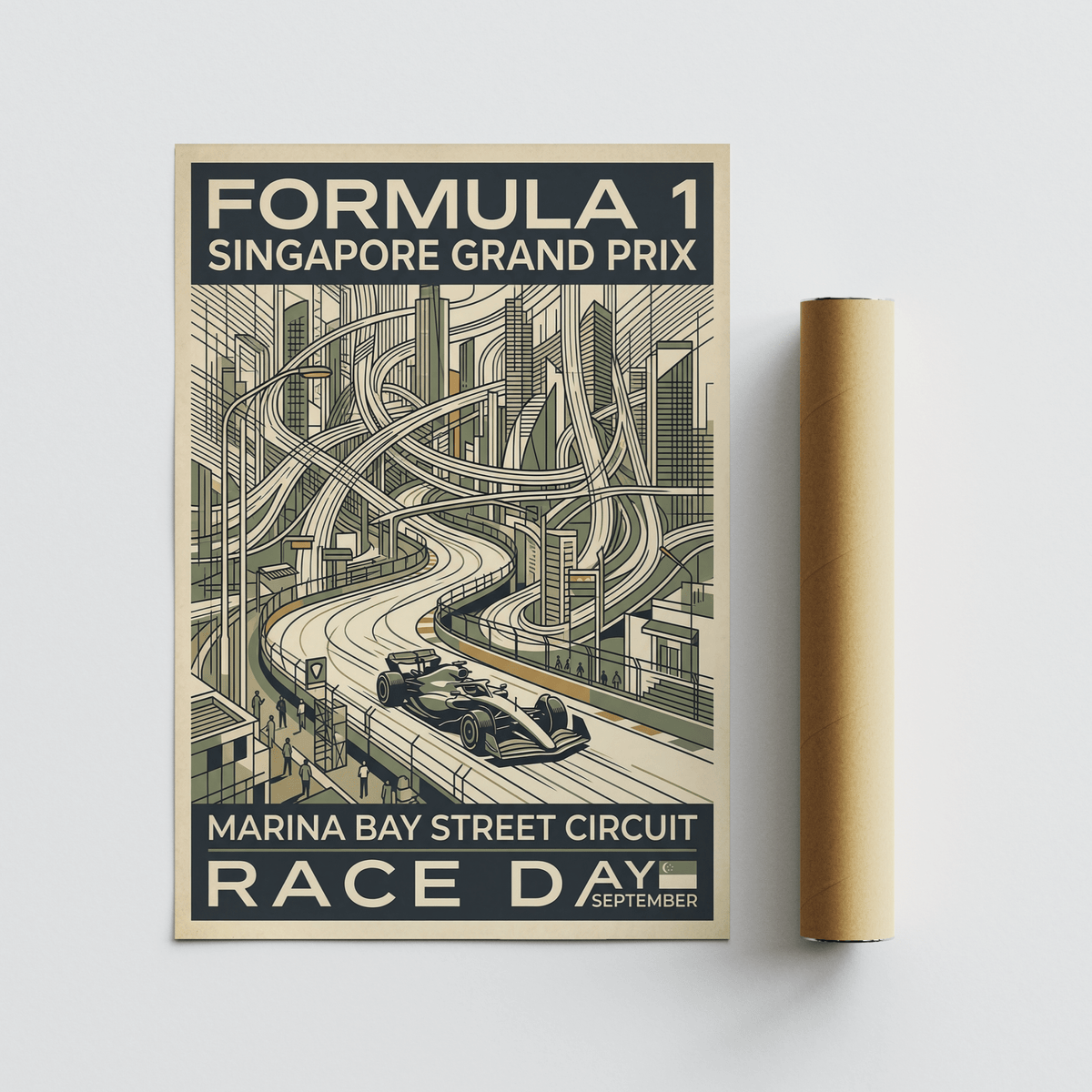 Framed-mockup style image of a motorsport poster print featuring a Formula 1 car, urban overpasses, and event text layout