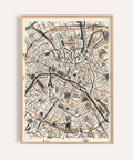 Overview of Paris Map Art Print poster with labeled neighborhoods and the Seine