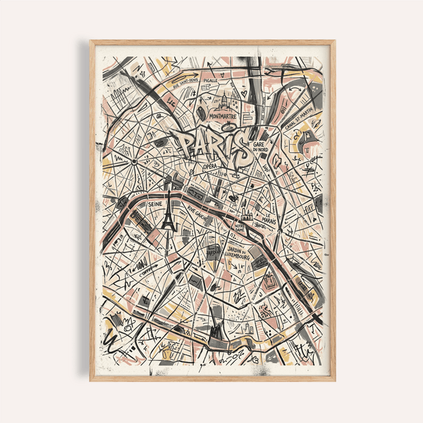 Overview of Paris Map Art Print poster with labeled neighborhoods and the Seine