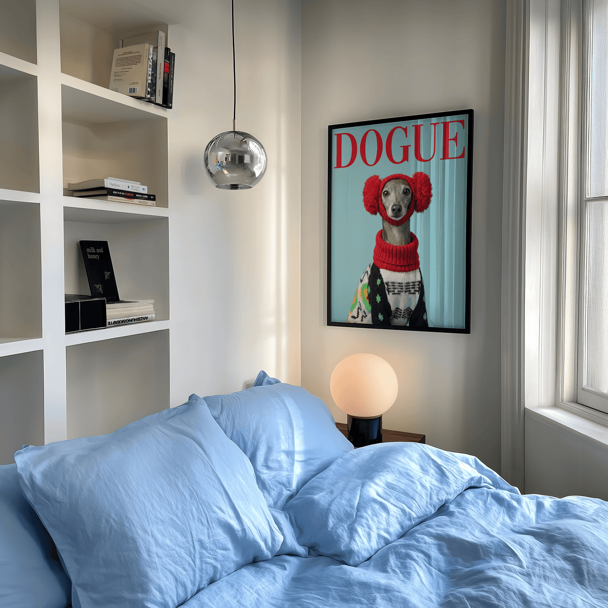 Italian Greyhound Wall Art on blue background, pet lover wall art