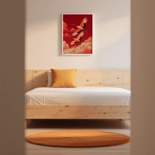 Cranes Flying Wall Art, artistic red shades, living area, wall art