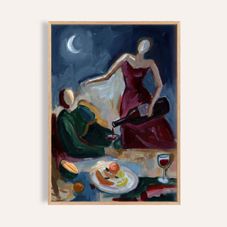 Painterly Couple Dinner Wall Art poster with two figures at a table and wine glass