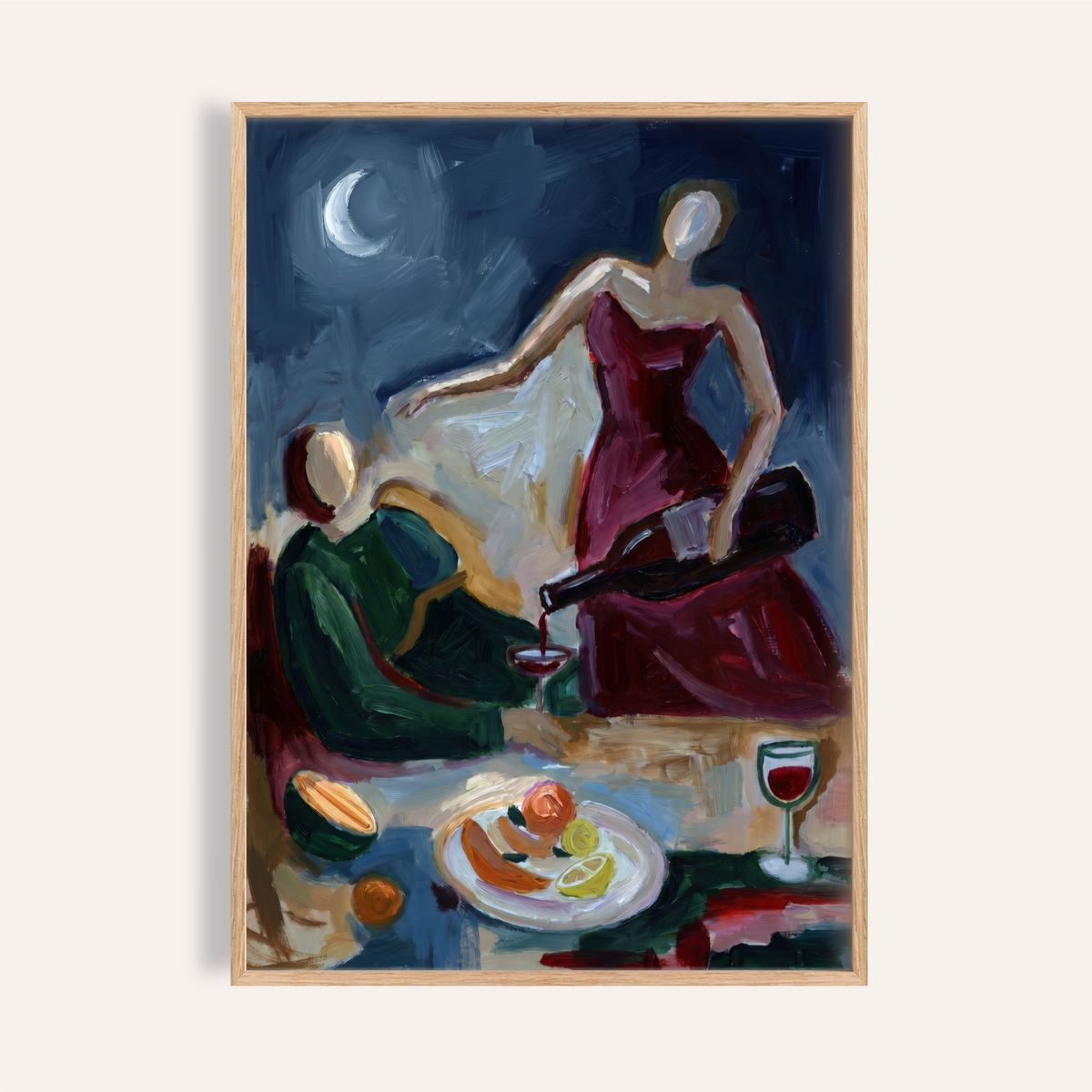 Painterly Couple Dinner Wall Art poster with two figures at a table and wine glass