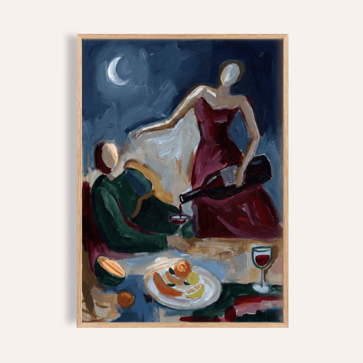 Painterly Couple Dinner Wall Art poster with two figures at a table and wine glass