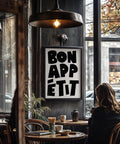 Bon Appétit kitchen poster with bold black text
