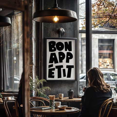 Bon Appétit kitchen poster with bold black text
