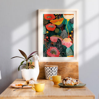 Artistic flower wall art decor showcasing a vivid palette of pinks, oranges, and greens.