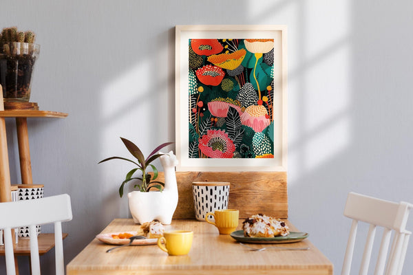 Artistic flower wall art decor showcasing a vivid palette of pinks, oranges, and greens.