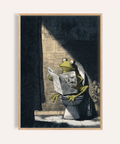 Amusing frog wall art poster showing a frog on a toilet reading a newspaper