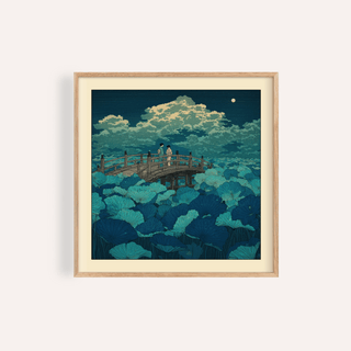 Moonlit lotus pond wall art with curved bridge and two figures