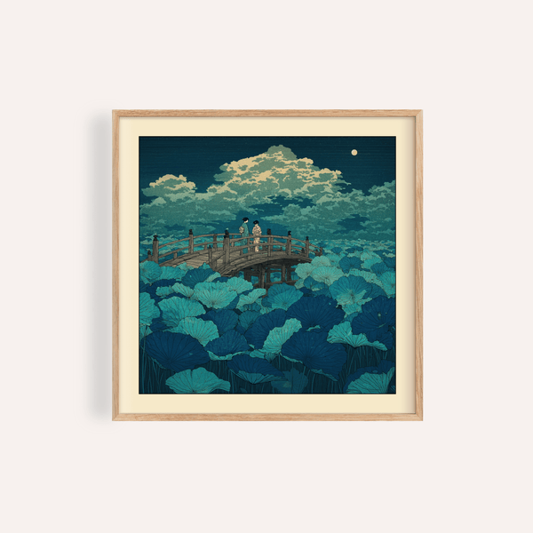 Moonlit lotus pond wall art with curved bridge and two figures