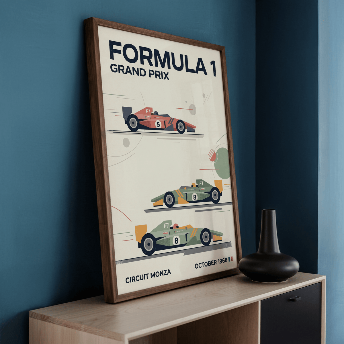 1968 Racing Poster angled view highlighting stacked car silhouettes