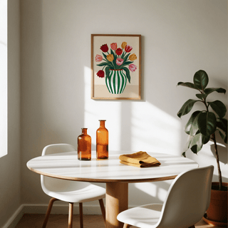 Tulip Art Print with Green, Yellow, and Purple in creative workspace