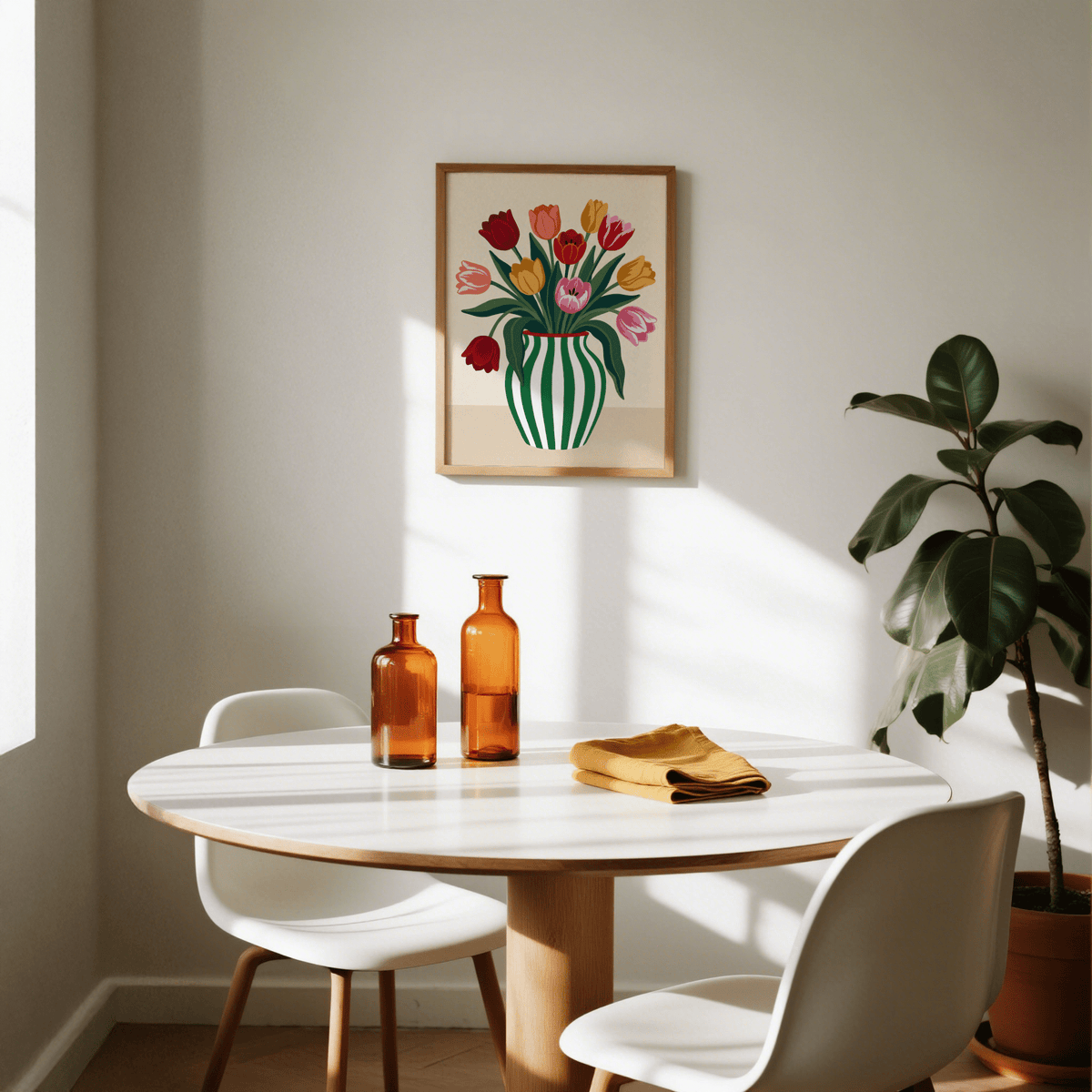 Tulip Art Print with Green, Yellow, and Purple in creative workspace