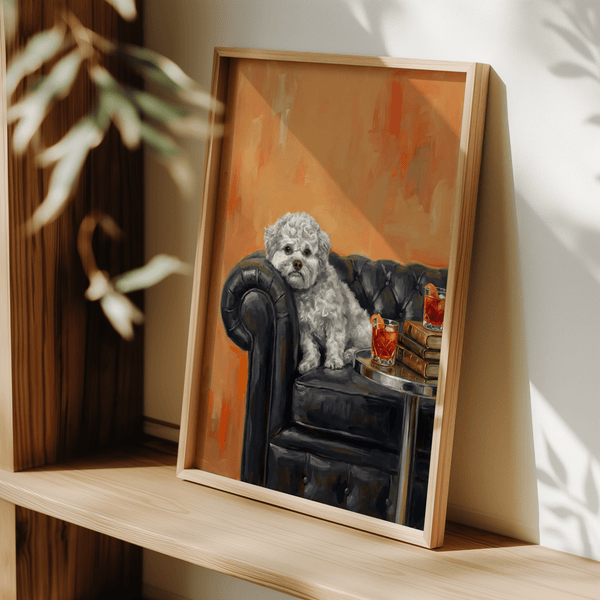 Dog with Human Face whimsical print, best for creative workspaces