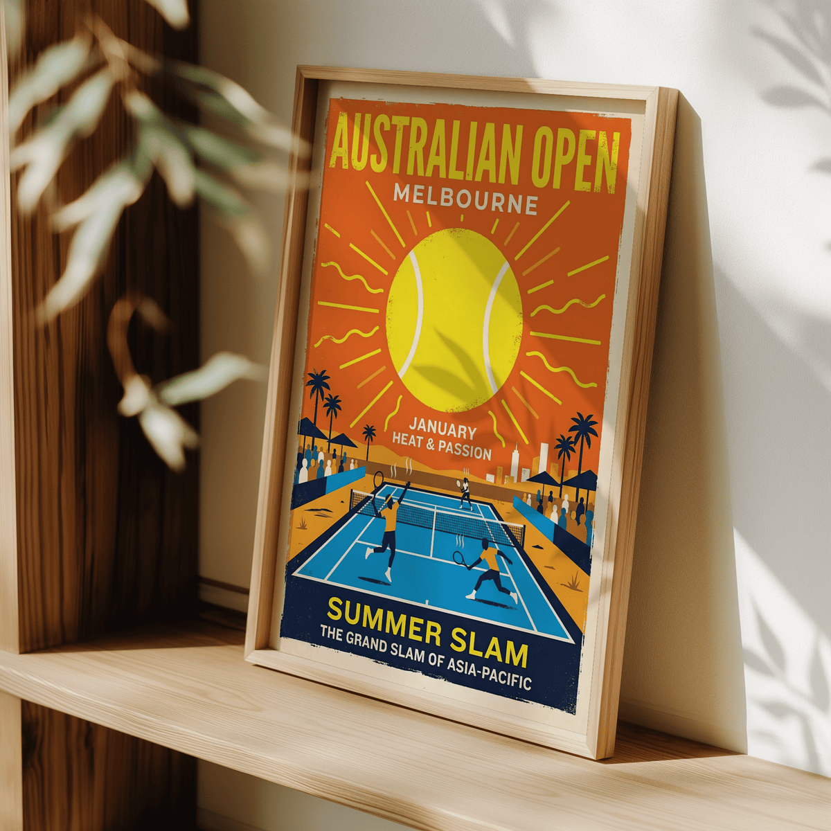 Typography-heavy sports poster print reading Australian Open Melbourne and January Heat & Passion