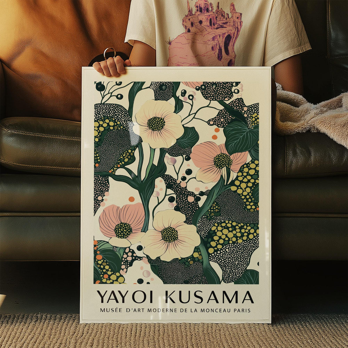 Green pink wall art with Yayoi Kusama inspired dotted patterns