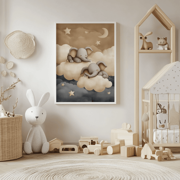 Sleeping elephants depicted in Baby Elephants Nursery Art for a nursery print