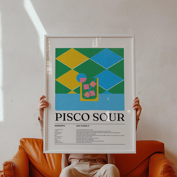 Colorful posters print of Pisco Sour cocktail with diamond patterned background.