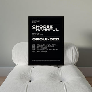 Inspirational art print with “Choose Thankful” message and minimalist layout.