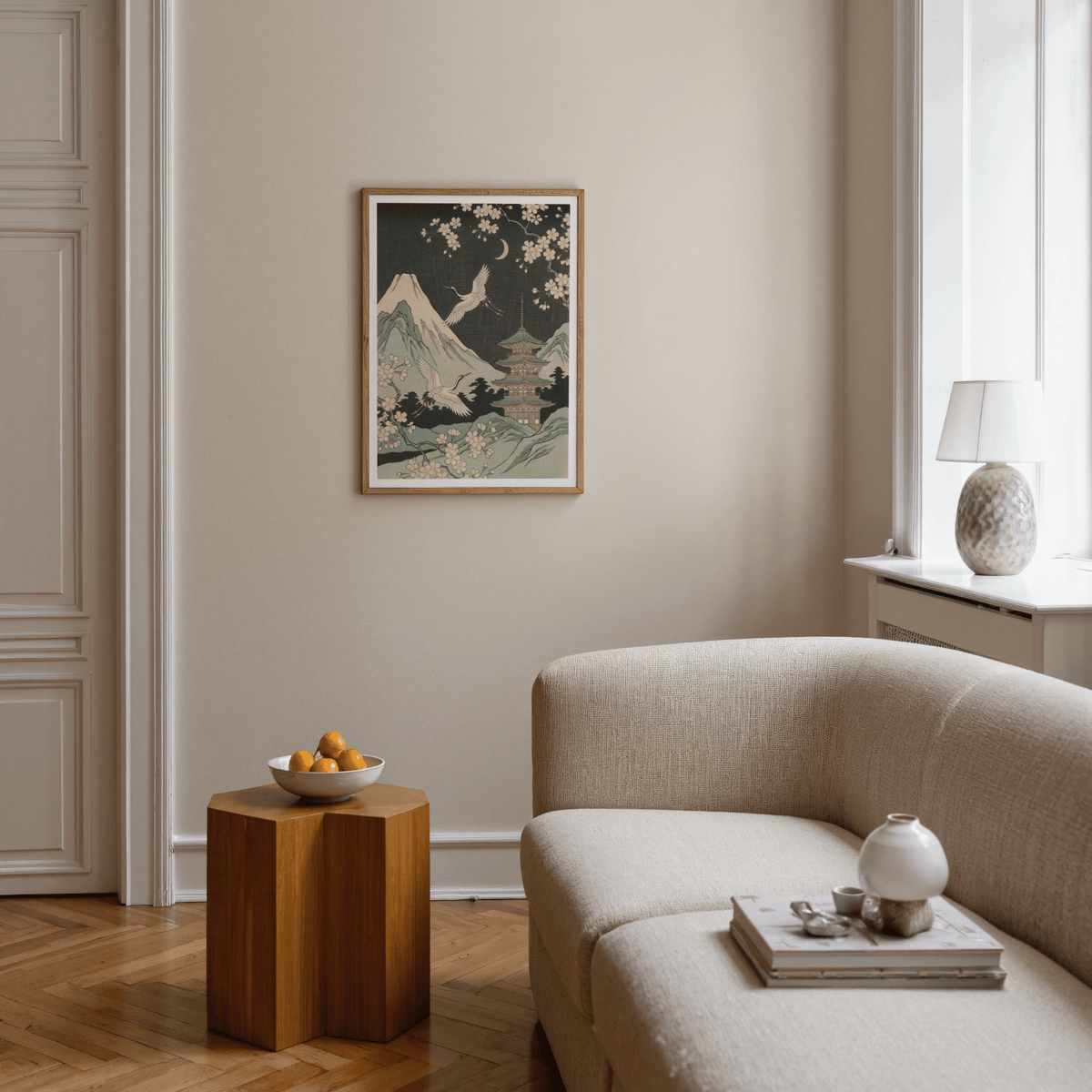 Crane Japanese Art poster with Green and Beige for bedroom décor