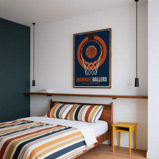 Vintage-style Basketball Game Wall Art showing basketball inside rim and net with block lettering below