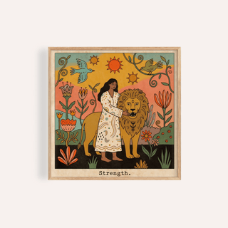 Strength Tarot Card Art print of serene figure calming lion