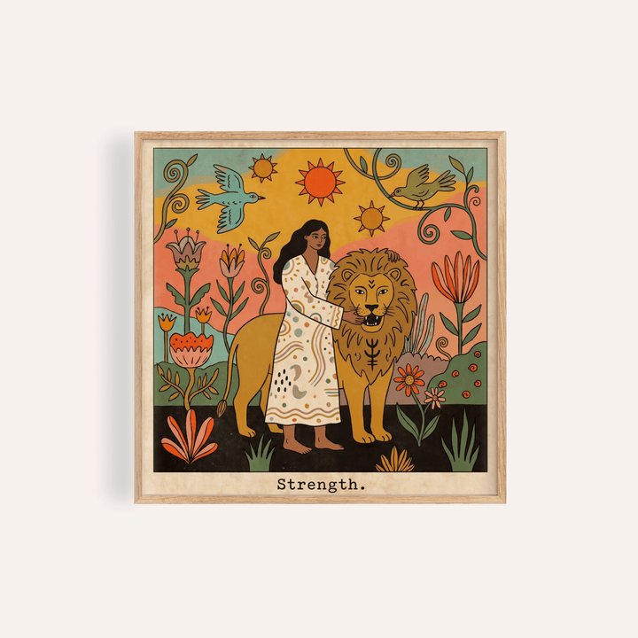 Strength Tarot Card Art print of serene figure calming lion