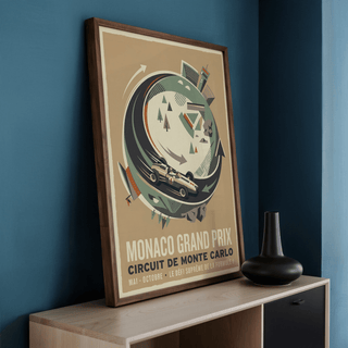Graphic Monaco Grand Prix Print poster with dynamic arrow motifs and stylized city forms above the circuit