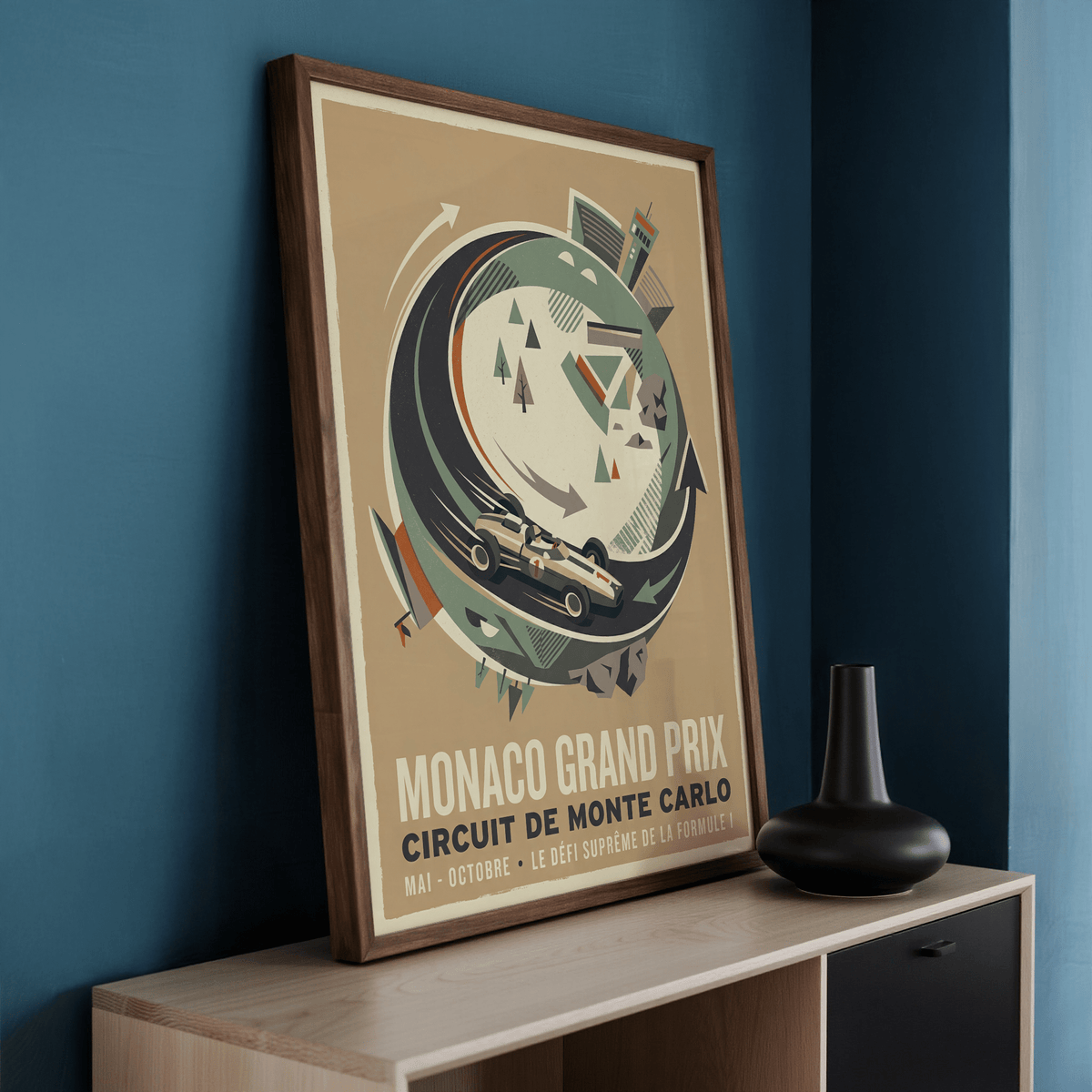 Graphic Monaco Grand Prix Print poster with dynamic arrow motifs and stylized city forms above the circuit
