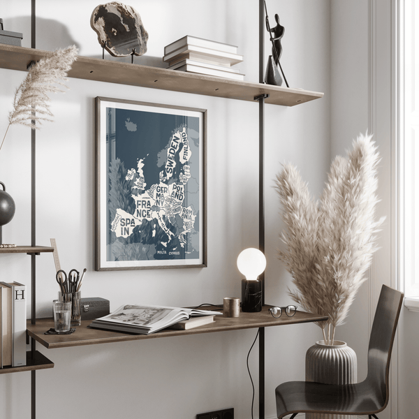 Minimalist Europe Map Print in beige and blue for bedroom art print