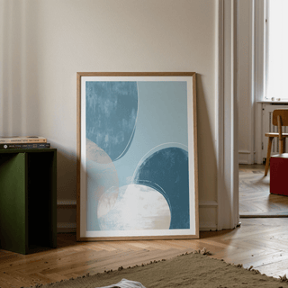 Textured abstract wall art print featuring two large curved shapes and a pale base arc