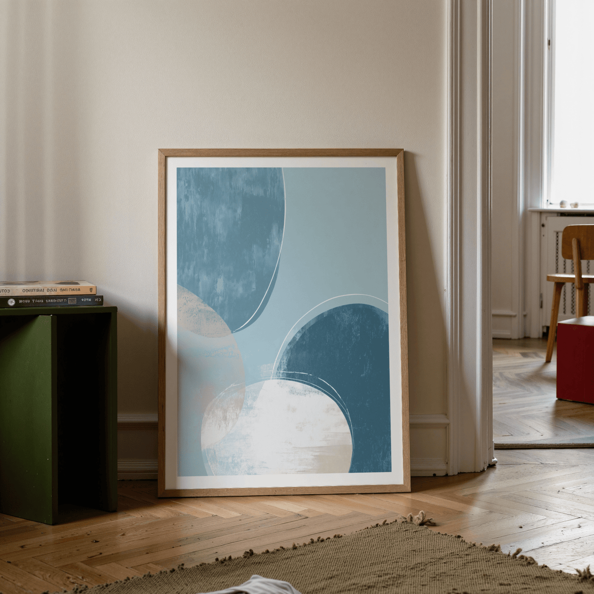 Textured abstract wall art print featuring two large curved shapes and a pale base arc