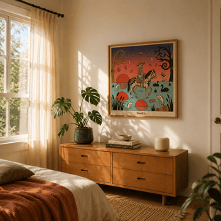Vintage-style tarot wall poster featuring swans, floating leaves, and a central rider