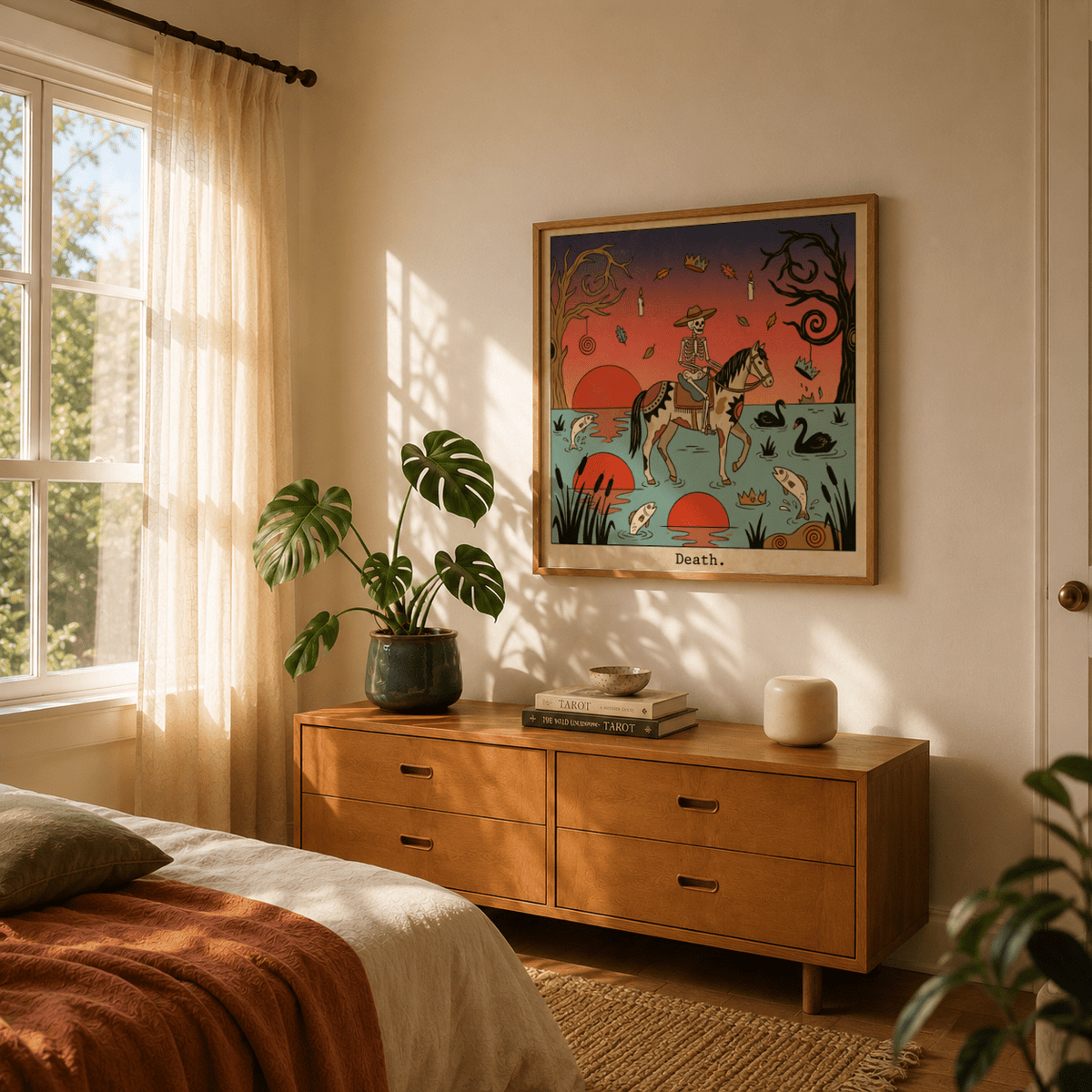 Vintage-style tarot wall poster featuring swans, floating leaves, and a central rider