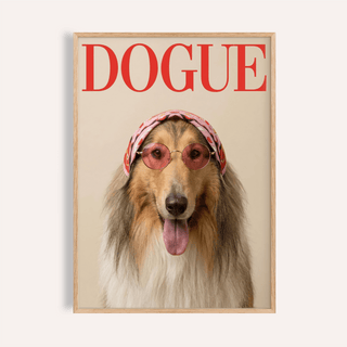Rough Collie Dogue Print art print featuring Brown, Beige, Red, and Pink for a modern living room