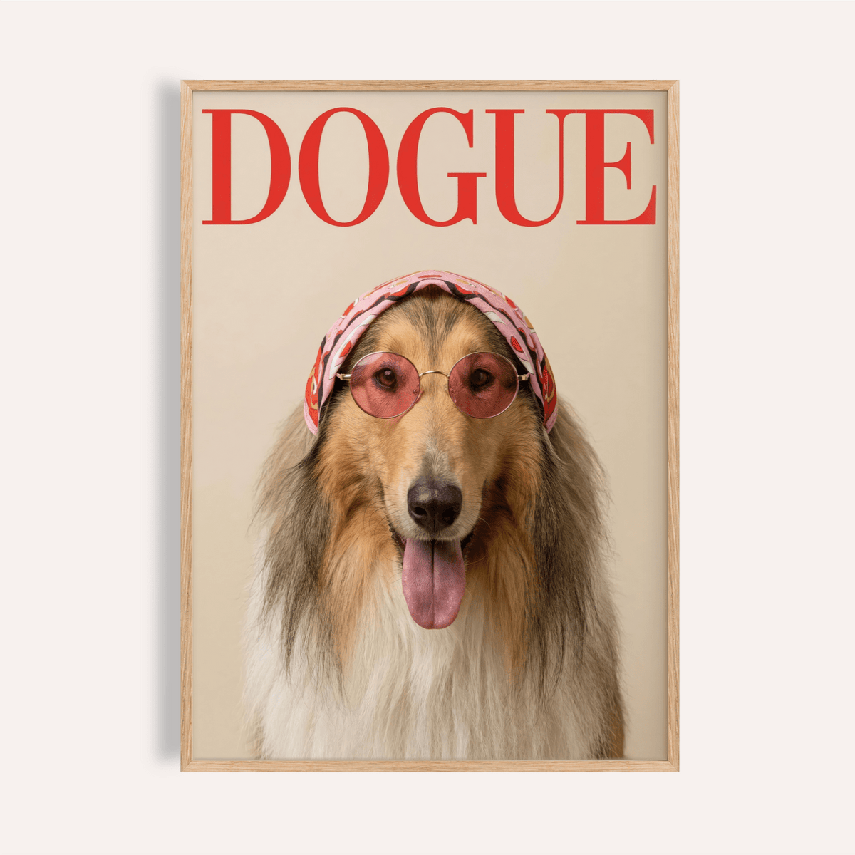 Rough Collie Dogue Print art print featuring Brown, Beige, Red, and Pink for a modern living room
