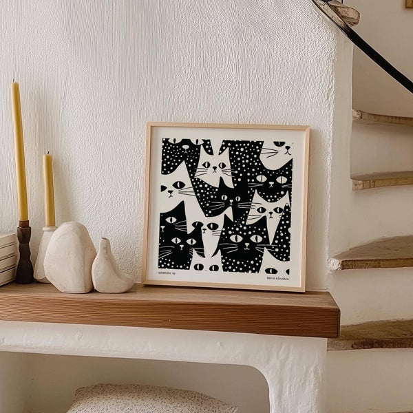 Minimalist cat art black and white for Japandi-style living room