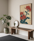 Japanese Floral Wall Art print with bold blue and red for office decor