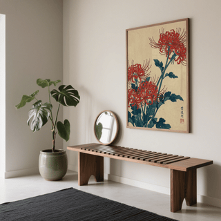 Japanese Floral Wall Art print with bold blue and red for office decor