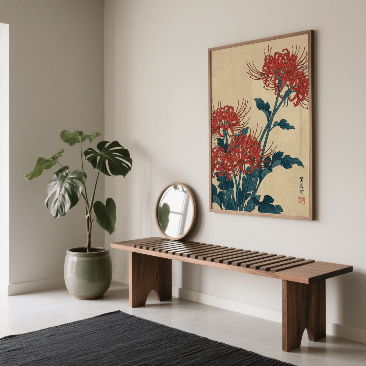 Japanese Floral Wall Art print with bold blue and red for office decor