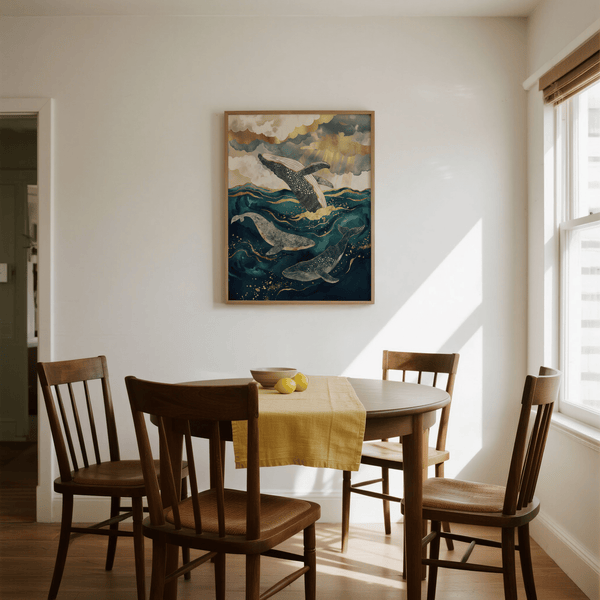 Large Ocean Art Print in Blue and Gold, perfect for office spaces